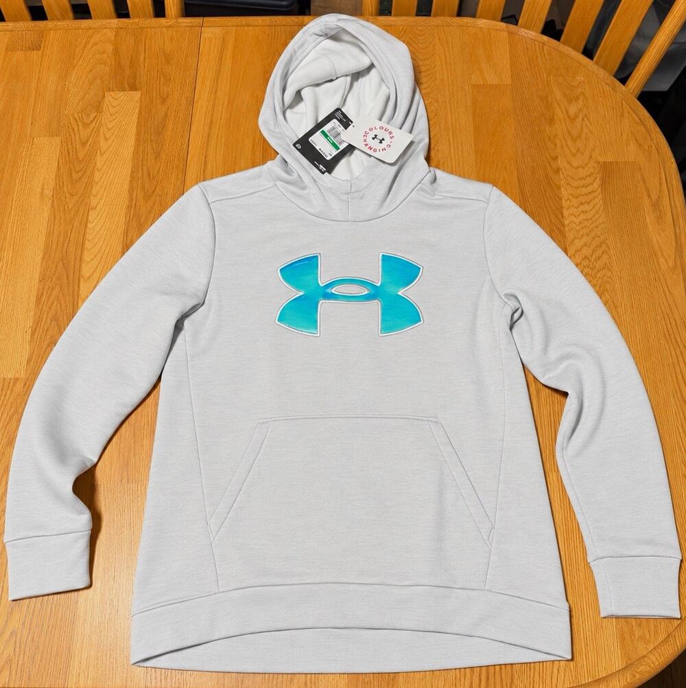 Under Armour Girls YLG Large Armour Fleece Hoodie Gray Turquoise Big Logo NWT